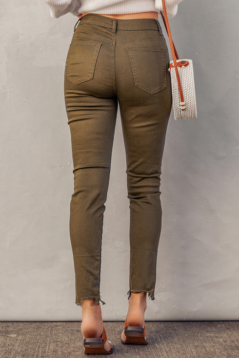 Plain High Waist Buttons Frayed Cropped Denim Jeans